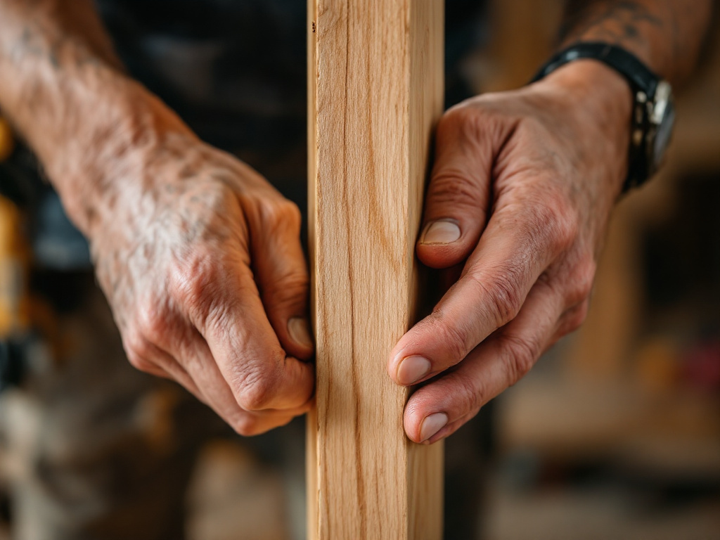 Carpenter's hands fitting a wooden door frame