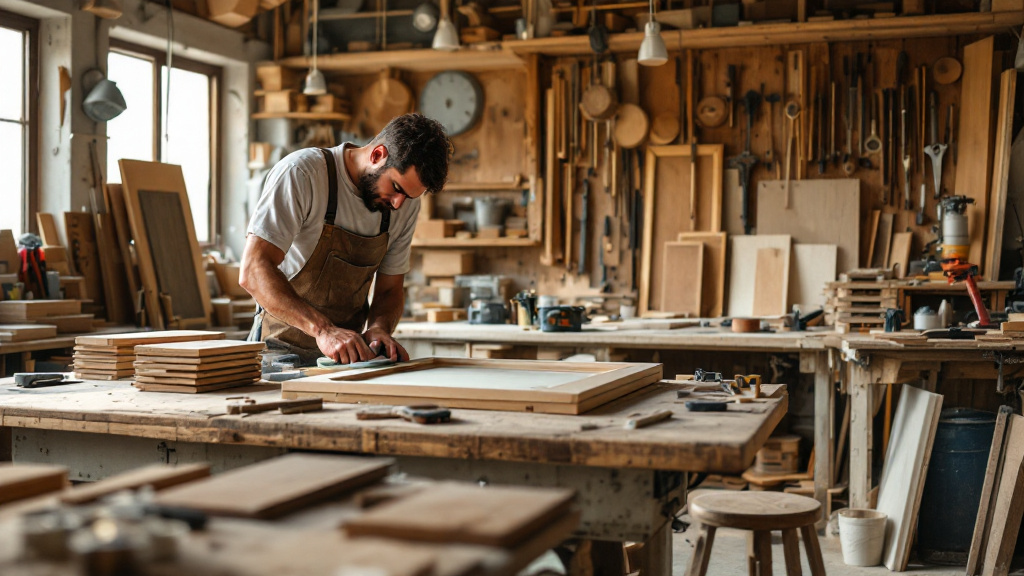 Carpenter sanding a cabinet door in a Bur Dubai workshop